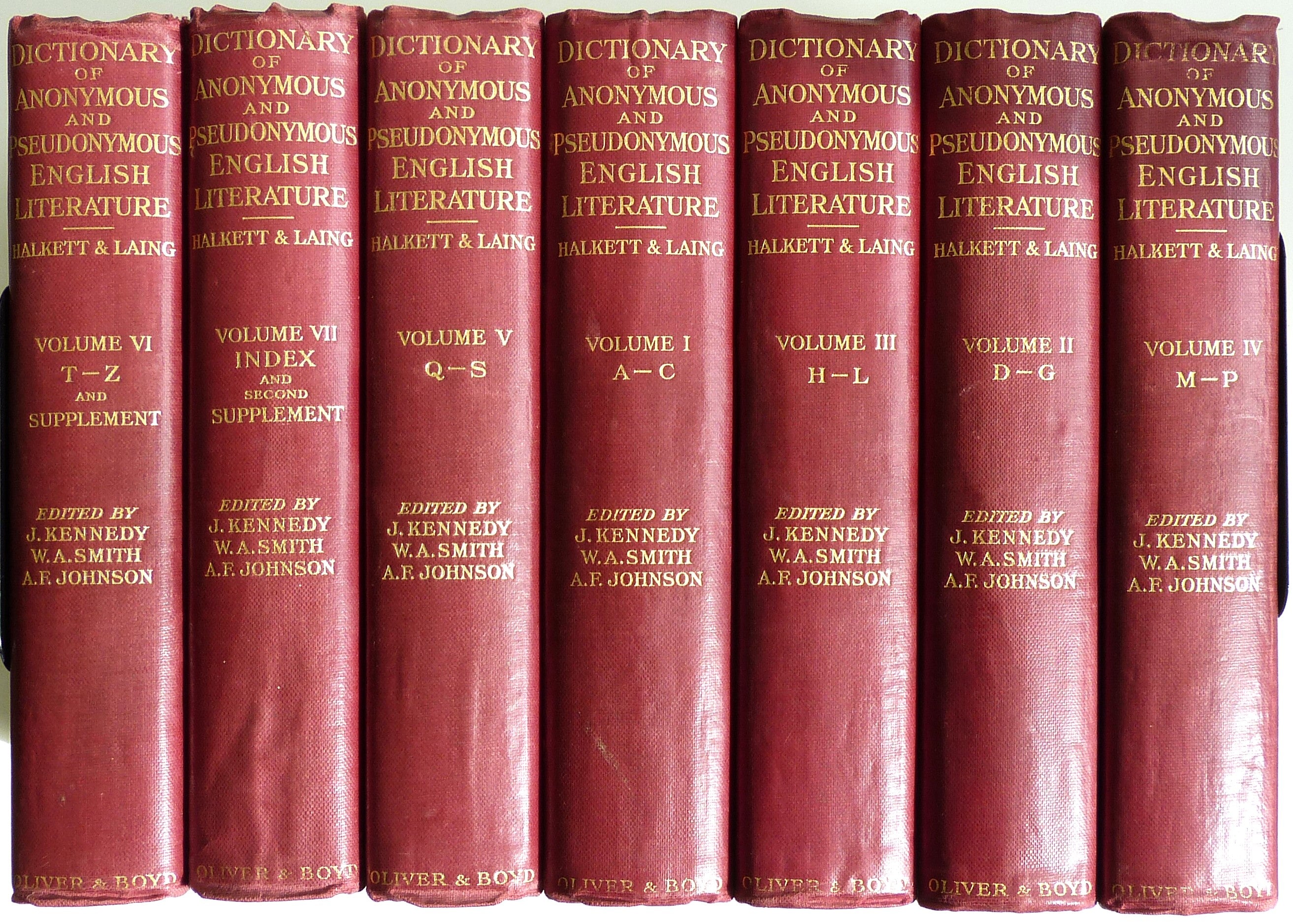 Dictionary Of Anonymous And Pseudonymous English Literature: 7 volumes by Dr. James Kennedy et al;