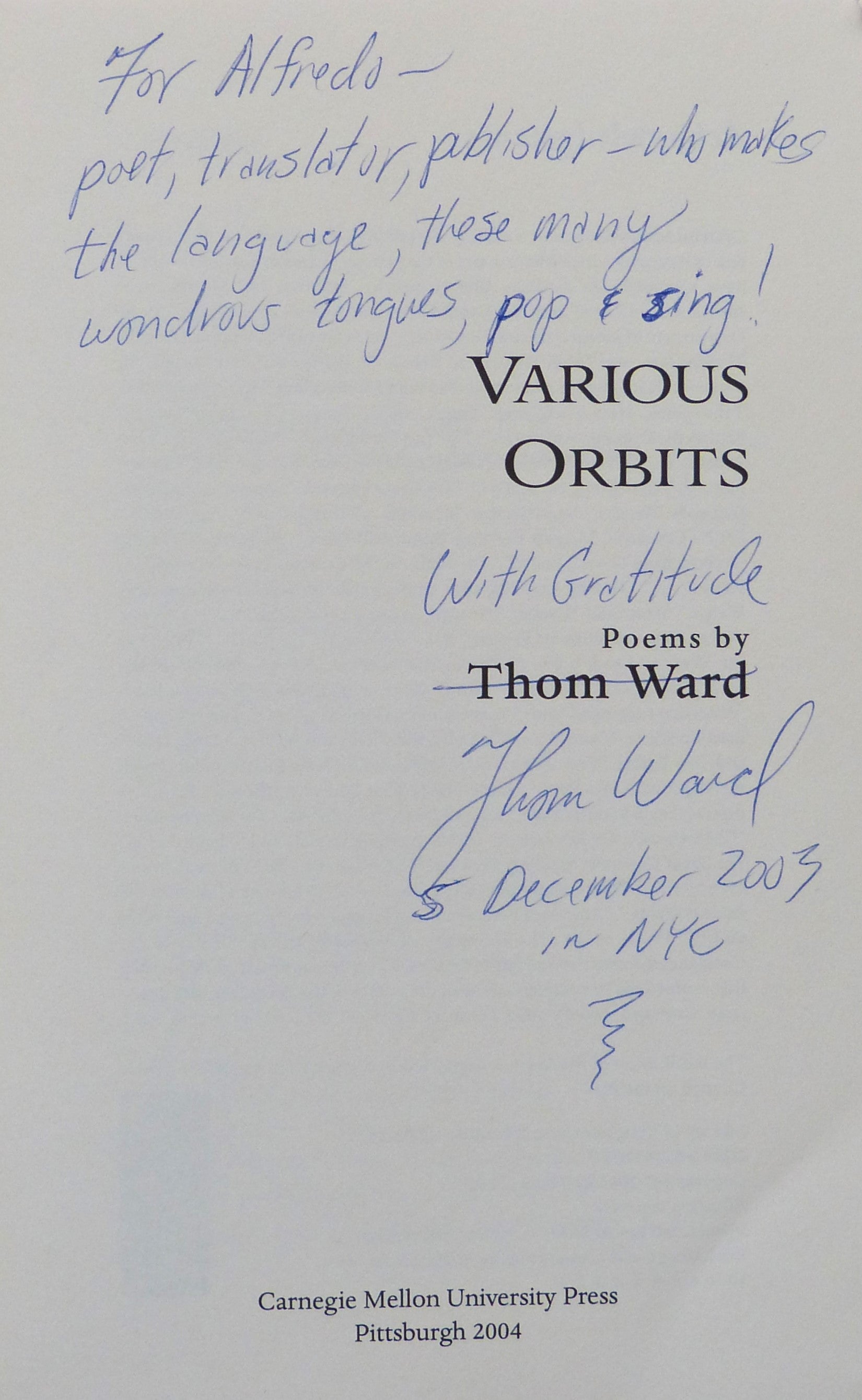 Various Orbits (Carnegie Mellon Poetry) by Ward, Thom