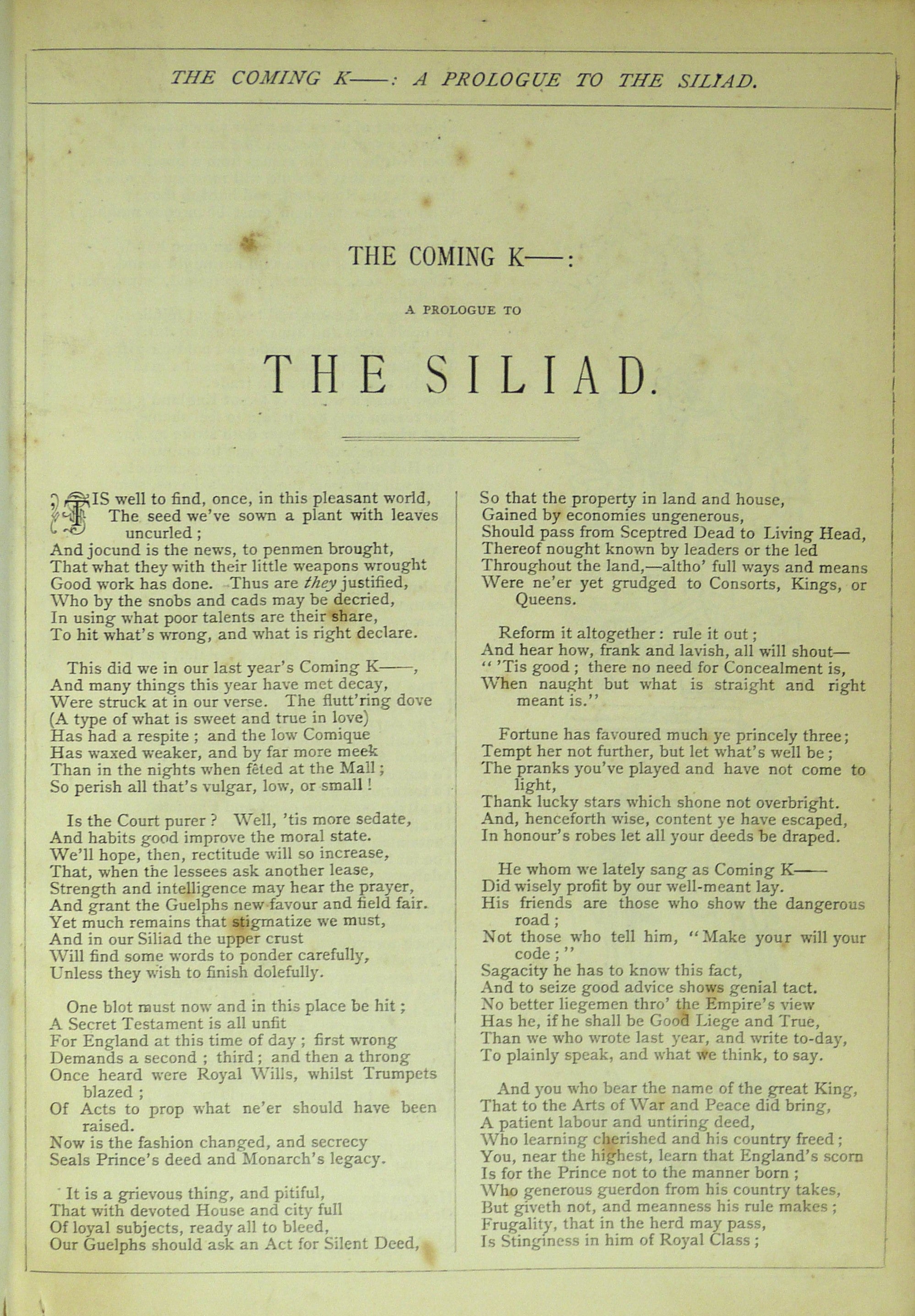 Beeton's Christmas Annual. Fourteenth Season. The Siliad of the Siege of Seats.