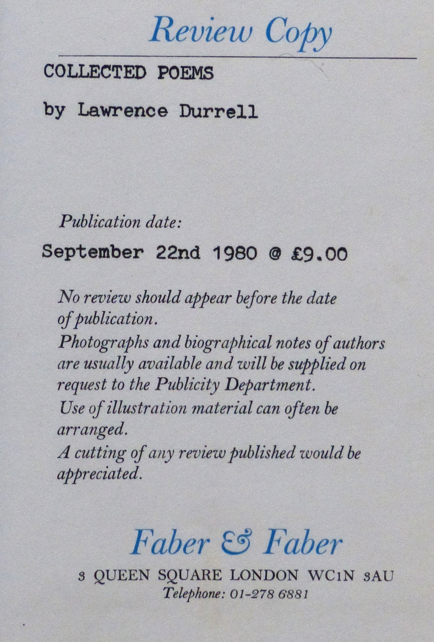 Collected Poems, 1931-74 - review copy by Durrell, Lawrence