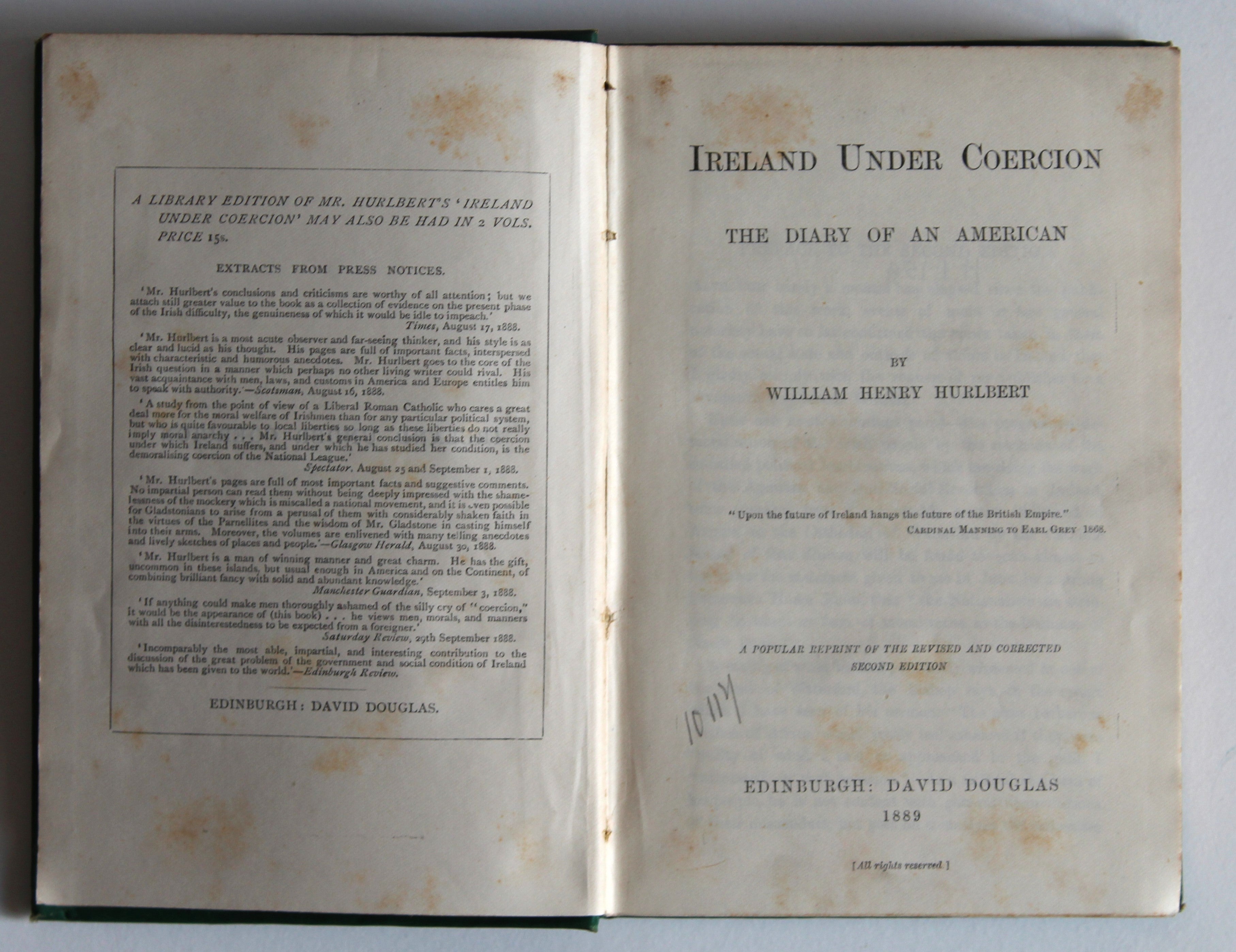 Ireland Under Coercion: the Diary of An American by William Henry Hurlbert